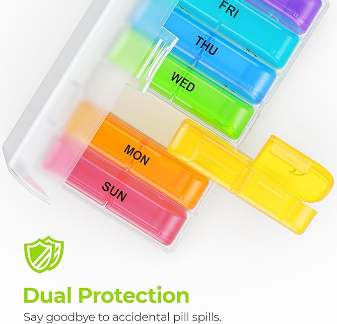 AUVON XL Weekly Pill Organizer 2 Times a Day with Large Opening for Easy Filling, AM PM Pill Box 7 Day in Rainbow Colors, Portable Travel Pill Case for Medication, Vitamins, Fish Oils, Supplements
