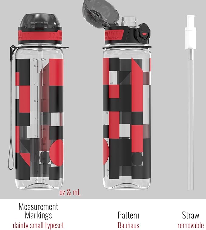 32oz/1L Sport Water Bottle, Light Tritan, Quick-Open Chug Lid/Straw 2-in-1, Leak-Proof, Dishwasher-Safe, BPA-Free, Drop-Resist & Scratch-Resist for Travel/Gym/Office (Bauhaus 1)