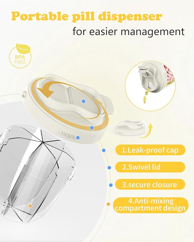 Pill Organizer with 7 Compartments, Pill Box Case for Holding 7 Different Vitamins, Anti-Mix Design for Easy Medication Retrieval. Travel Pill Organizer with 20 Labels. Cute Pill Dispenser（ Beige）