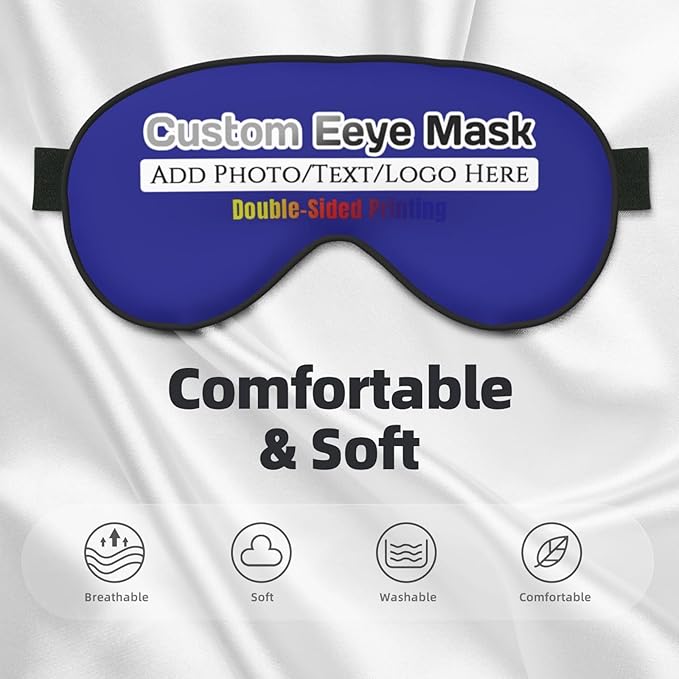 Personalized Eye Mask Add Picture Text Image Logo Custom Travel Sleeping Masks for Home Office Customized Sleep Mask for Men Women Blocks Light Adjustable Strap Blue