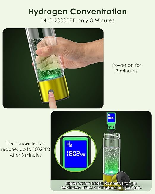 Hydrogen Water Bottle, 3Min 2200PPB Rapid Hydrogen Water Generator -SPE PEM Tech, 14OZ Portable Hydro Water Machine, Health Care Gifts for Husband, Wife, Family, Friends, Travel