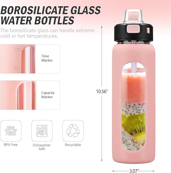 Kodrine Water Bottle With Straw and Carry Handle, Glass Water Bottle 24 oz Leak Proof Locking Lid with Soft Silicone Spout, Reusable Drinking Cups for Travel Sports with Time Marker,Pink