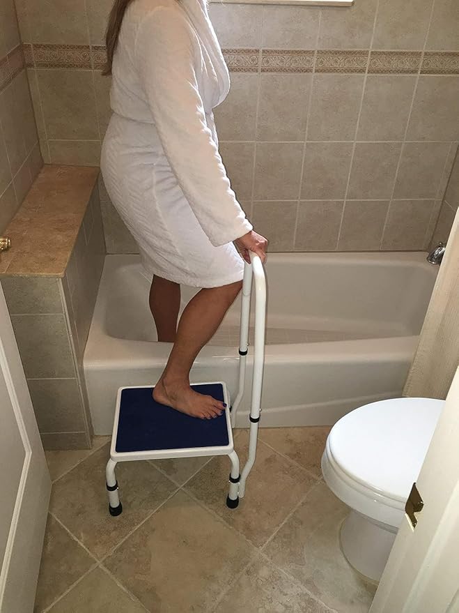 Platinum Health AdjustaStep(tm) Deluxe Step Stool/Footstool with Handle/Handrail, Height Adjustable. Modern White/Blue Design. Padded Non-Slip Handle. 300 lb. Capacity