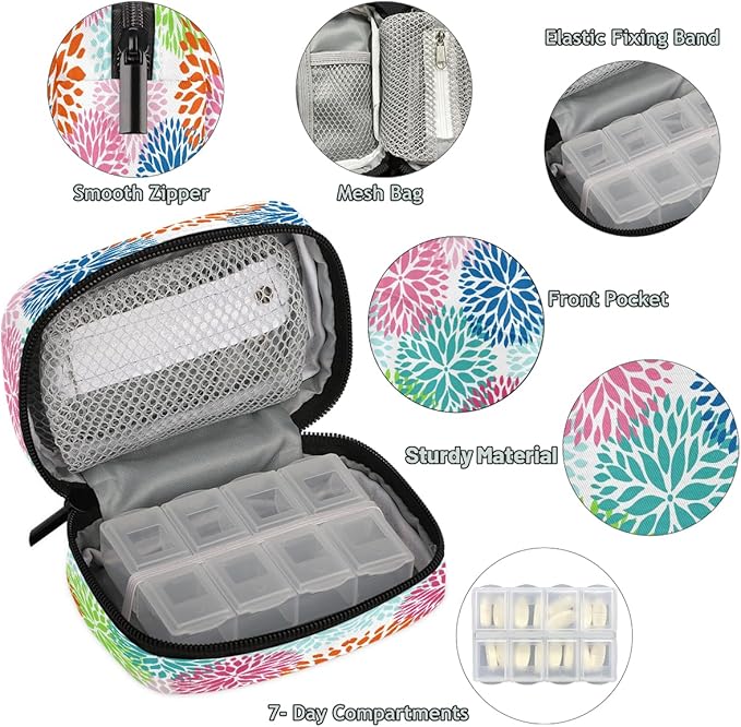 Weekly Travel Pill Organizer Case for Purse with Removable 7 Day Box Portable Compact Size Pill Box Fashionable Pill Container for Medicine Vitamin Supplement Abstract Flower