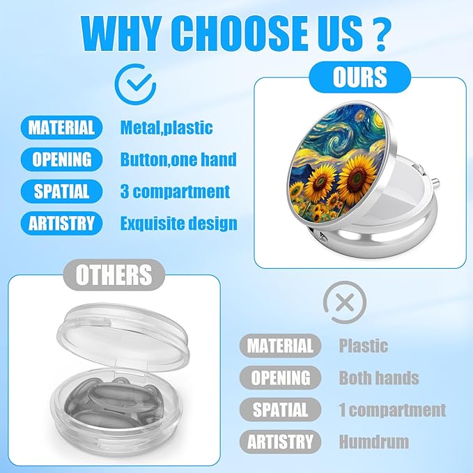 Starry Night Sunflower Pill Case, Flower Floral Pill Box 3 Compartments Metal Small Pill Holder with Mirror Mini Travel Pill Container for Purse Pocket Women Men