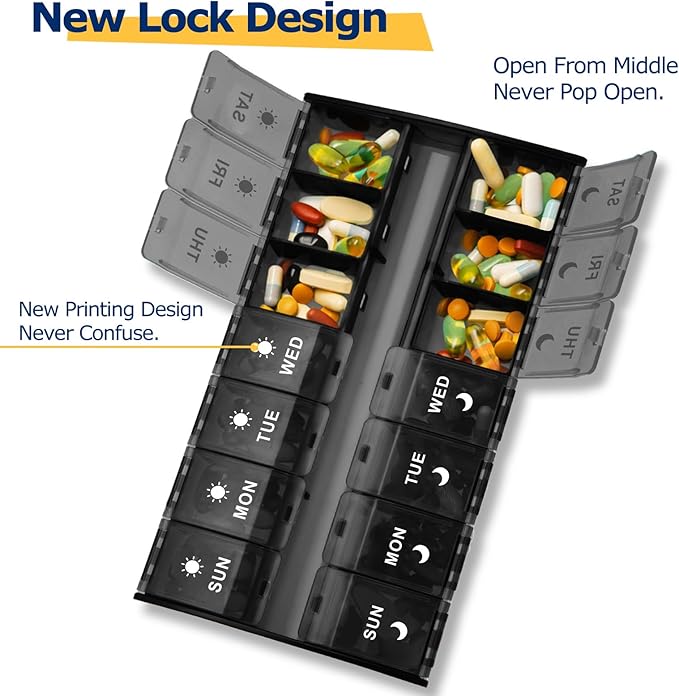 XL Large Weekly Pill Organizer 2 Times a Day, 7 Day AM/PM Pill Box with Hinged Lids & Secure Lock, Big Pill Box Holder Twice a Day, Medication Organizer for Vitamins, Supplements & Medication