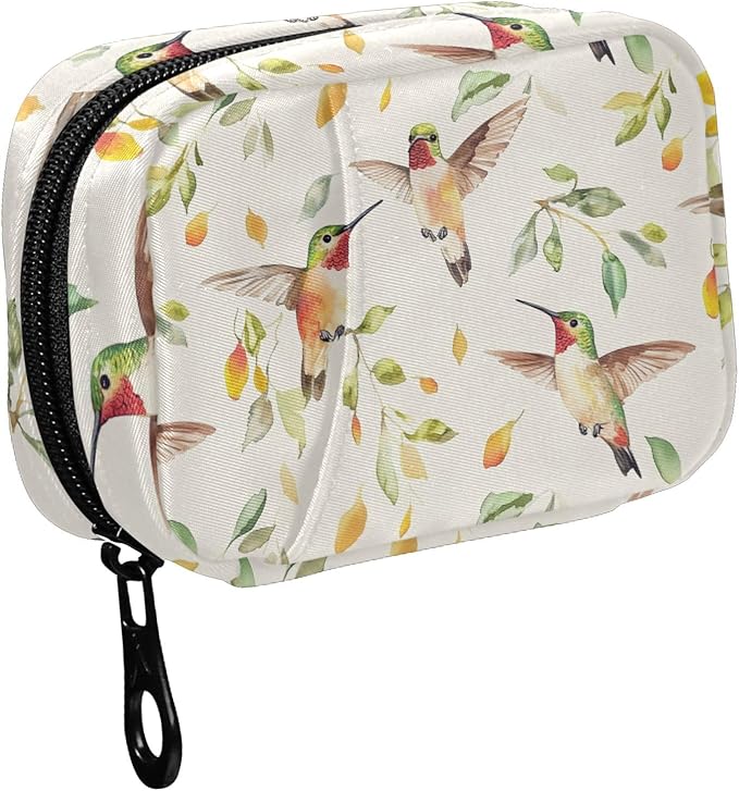 Fustylead Beautiful Hummingbirds and Leaves Pill Organizer for Purse, Weekly Portable Pill Box with Zipper to Storage Vitamins Fish Oils Medications Supplements