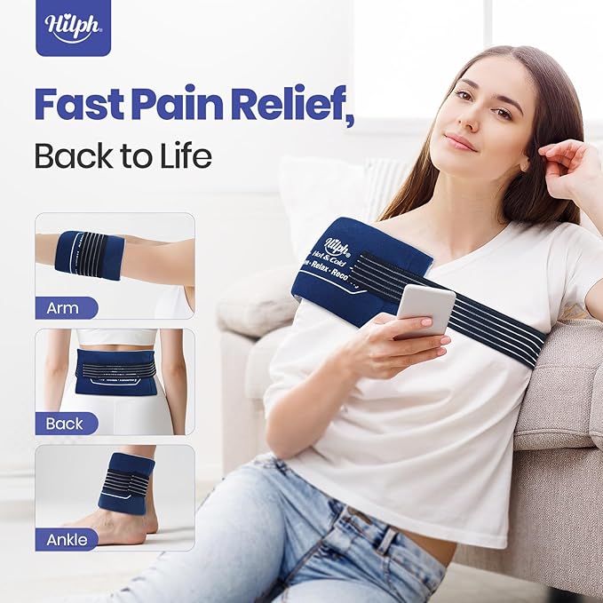 Hilph Ice Packs for Injuries Reusable (3-Piece Set), Large Gel Hot Cold Ice Packs with Strap for Back, Shoulder, Hip and Knee, Flexible Ice Wrap Cold Compress for Joints & Muscle Pain (10.8" x 5.5")