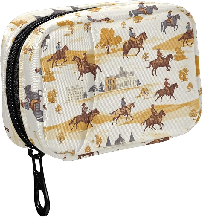 Fustylead Cowboy Riding Horse and Building Pill Organizer for Purse, Weekly Portable Pill Box with Zipper to Storage Vitamins Fish Oils Medications Supplements