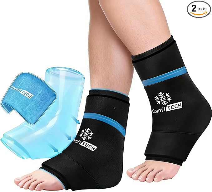 ComfiTECH Dual-Gel Ankle Ice Pack Wrap with Extended 30-Minute Cooling, Detachable Ice Pack & Flexible Reusable Gel Ice Sleeve Brace for Plantar Fasciitis, Achilles Tendonitis, M, 2 Packs