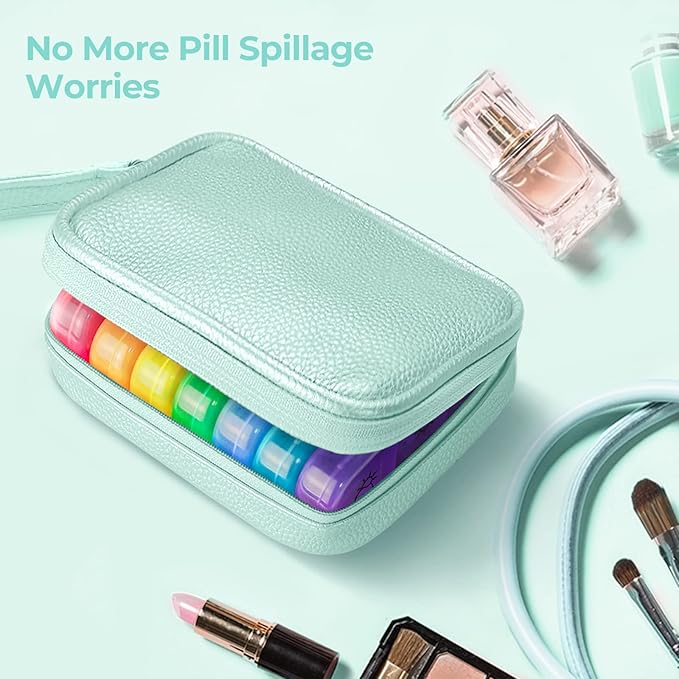 Cute Pill Organizer 3 Times a Day, Large Daily Pill Case for Women, Portable Pill Box 7 Day for Purse with Bag & Zipper to Hold Vitamins, Medications, Fish Oils, Supplements (Cyan Blue)
