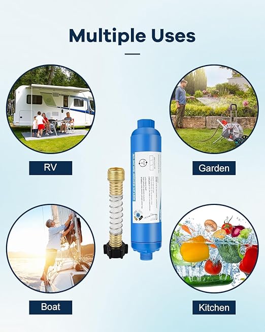 RV Inline Water Filter with 2 Flexible Hose Protector, Reduces Chlorine, Bad Taste, Corrosion, Rust, Sediments and Turbidity, Ideal for RVs, Garden, Gardening, Car Washing, Planting, 2 Pack