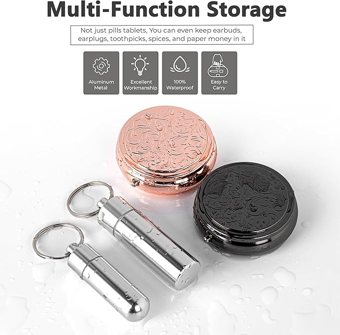 Pill Box 3 Compartment Pockets or Wallet Pill Case (2 Pieces) with Waterproof Keychain Portable Medicine Box (2 Pieces) - Small Travel Daily Vitamin Tissue Metal Pill Box (Black+Rose+Silver)