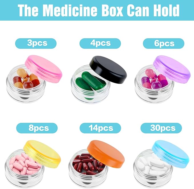 12Pcs Small Pill Box, Portable Travel Mini Pill Organizer Box Daily Medicine Case Holder for Pocket Purse Briefcase Cod Liver Oil Storage Container (Black/Purple/Orange/Blue/Yellow/Pink)