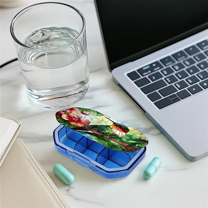 This Portable Vintage Stained Glass Hummingbird Pattern 6-Compartment Pillbox Can Be Placed in A Pocket Or Wallet to Store Vitamins, Medicines Fish Oil Health Supplements Other Medications.
