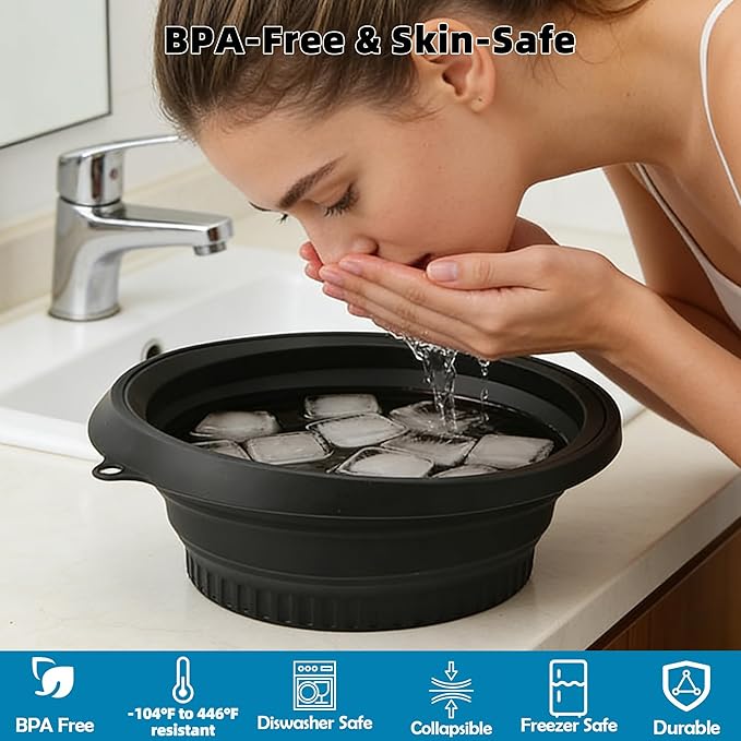 Silicone Face Bowl for Ice with Built-in Icetray, Collapsible Face Ice Bath Bowls for Home&Travel Ice Water Facials, Ice Face Bowls for Cold Plunge Therapy, Skin Tightening (M-Purple)