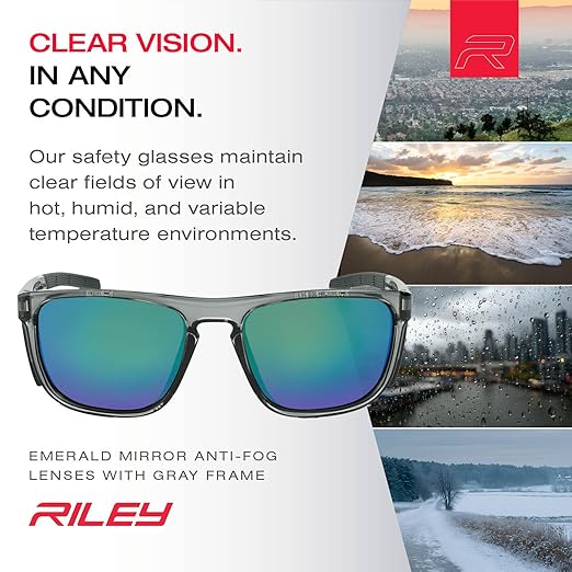 Riley Navigator X Safety Glasses – Anti-Fog, Scratch/Impact Resistant & UV Blocking, Lightweight Full-Frame for Work, Outdoors, & Active Lifestyles, Emerald Green Mirror/Gray