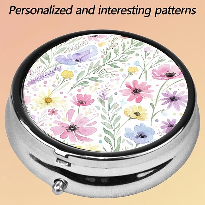 Round Pill Case Small Pill Box with Mirror Pocket 3 Compartment Vitamin Pill Medicine Case Organizer Pill Containers for Traveling Oil-Painted Wildflowers Two