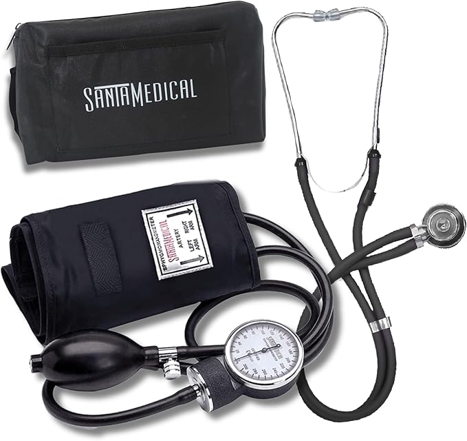 Santamedical Adult Deluxe Aneroid Sphygmomanometer with Stethoscope - Blood Pressure Cuff Durable and Carrying Case - Manual Blood Pressure Cuff Black