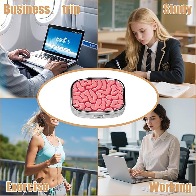 Pill Box-2 Compartment Small Pill Case Square Organizer Case with Mirror Portable Metal Medicine Box Travel Container for Pocket & Purse Women Men（Human Brains）