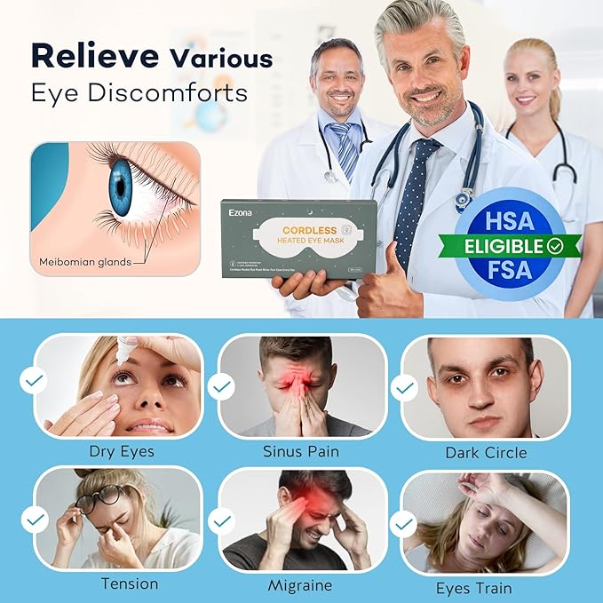 Ezona Cotton Cordless Heated Eye Mask, Warm Eye Compress Mask for Dry Eyes, Washable Eye Heating Pad for Travel, Dry Eyes, Blepharitis, Sinus Migraine (Blue)