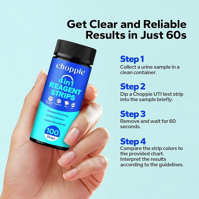 Choppie 4-in-1 Full Panel UTI Test Strips for Women & Men (100 Strips), Test UTI Presence for Home Use, Proneness & Severity, Urine Test Strips for Bladder and Urinary Tract Infection Monitoring