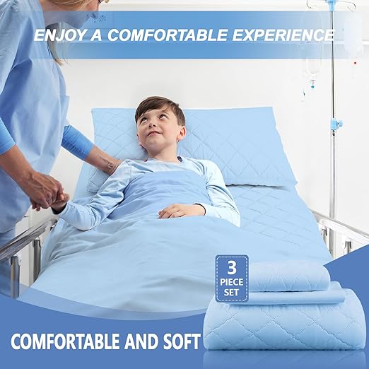Lounsweer 3 Piece Hospital Bed Sheet Set, Blue Waterproof Bed Sheet Set, Incontinence Protection for Home and Hospital Use, Include 1 Fitted 36" x 84" x 12" 1 Flat and 1 Pillowcase