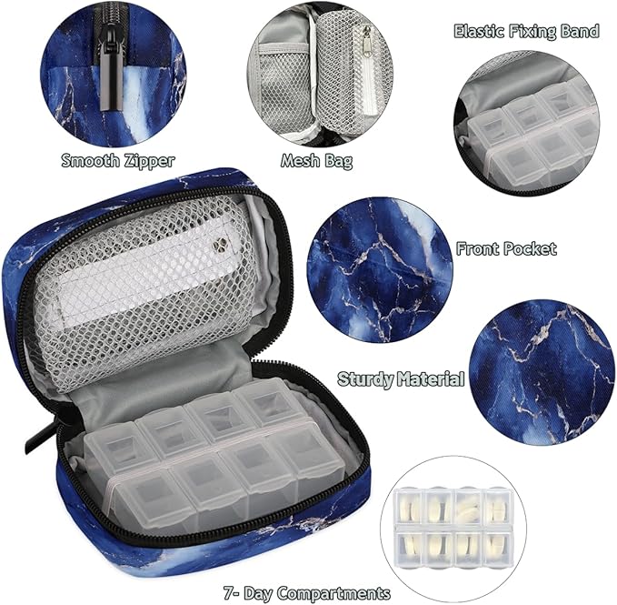 Royal Blue Modern Marble Travel Pill Organizer Box Weekly Portable Pill Case Daily Pills 7 Day Small Birth Control Pills Container Removable Compartments for Medicine Vitamins Fish Oil