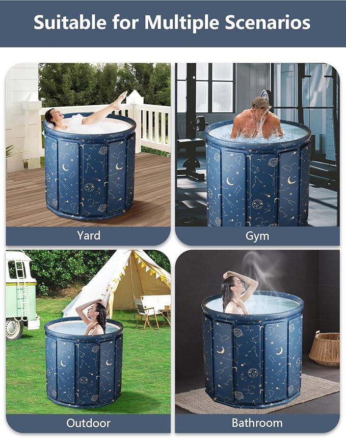 Portable Bathtub for Adults, Collapsible Freestanding Bathtub for Shower, Hot Ice Bath Tubs with Thickened Thermal Foam to Keep Temperature, PVC Outdoor Soaking Tub (Planet Blue)