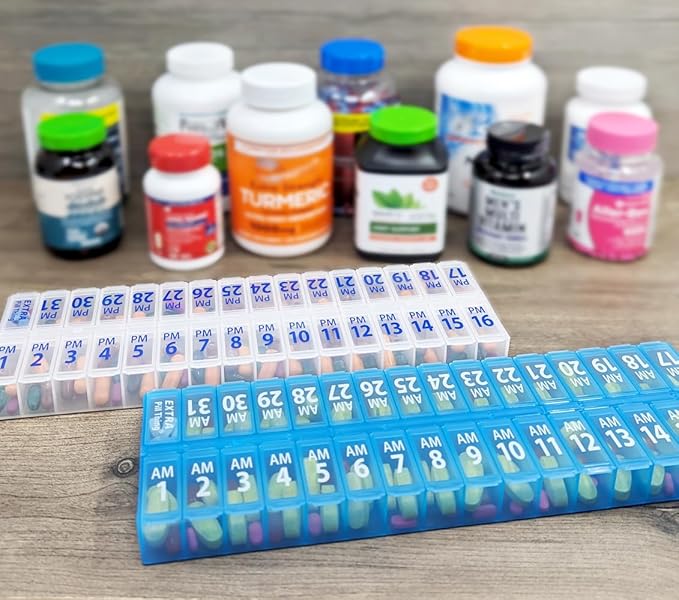 Twice-a-Day Monthly Pill Box Planner Set - AM & PM Medication Organizer for 31 Days! Set Contains 2 Organizers for One Month. (Clear/Blue - 31 Day AM/PM)