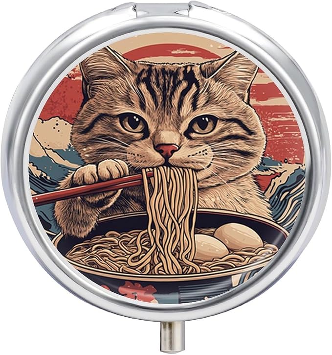 Transparent 3-Compartment Medicine Pill Case, Portable Round Pill Box for Pocket or Purse, Decorative Metal Medicine Vitamin Organizer. (A cat Eating Noodles)