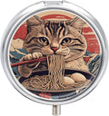 Transparent 3-Compartment Medicine Pill Case, Portable Round Pill Box for Pocket or Purse, Decorative Metal Medicine Vitamin Organizer. (A cat Eating Noodles)
