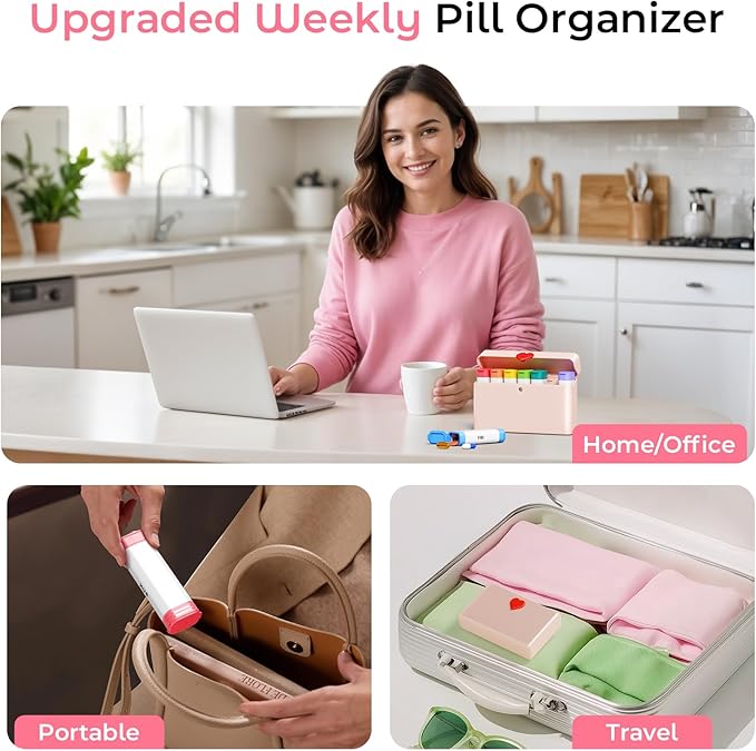 Daviky Pill Organizer 2 Times a Day - Large Capacity Weekly AM PM Pill Box with Heart Latch, 7 Day Travel Pill Case, Cute Medicine Organizer for Medication, Vitamins, Supplements
