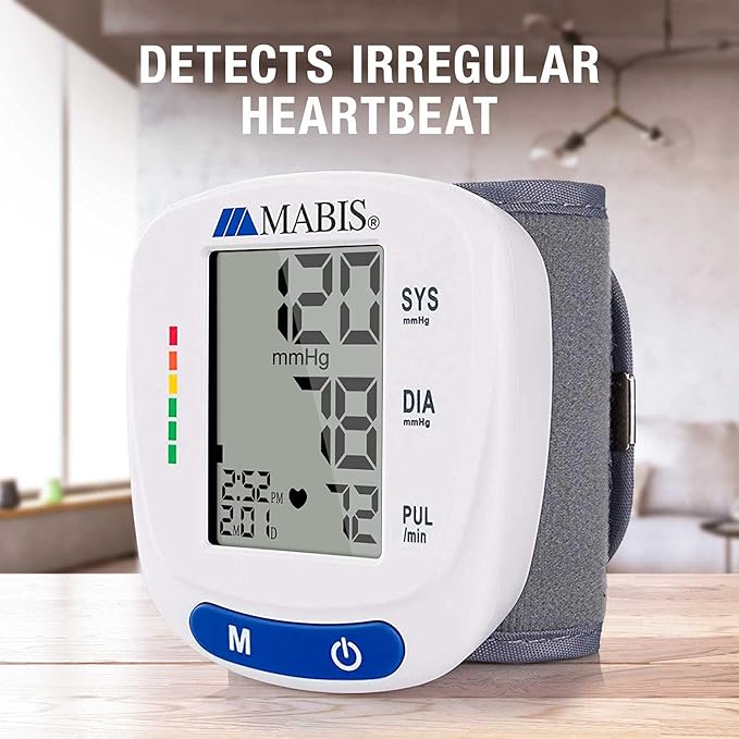 Mabis Digital Premium Wrist Blood Pressure Monitor with Automatic Wrist Cuff that Displays Blood Pressure, Pulse Rate and Irregular Heartbeat, Stores up to 120 Readings