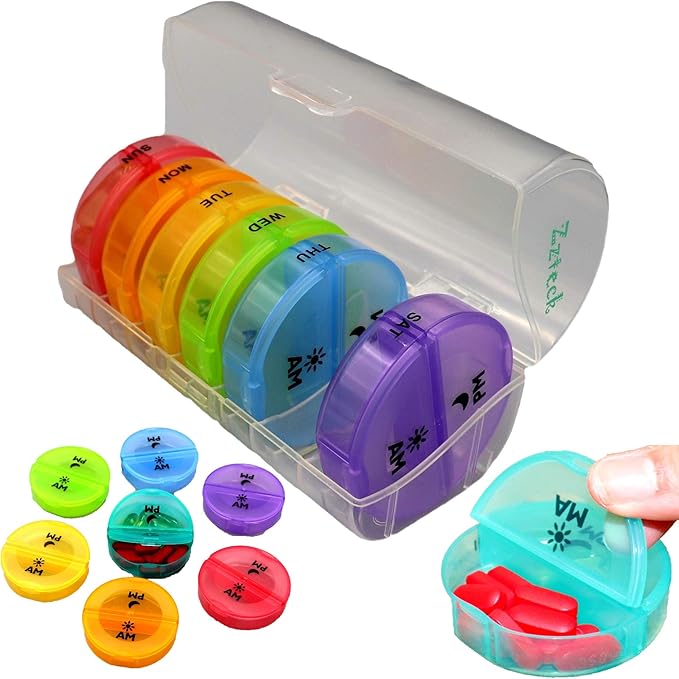 Small Pill Organizer 7 Day Weekly Tower Travel Pills Box Med Dispenser - 4 Times a Day AM PM Noon Night Medicine Container Medication and Vitamin Holder
