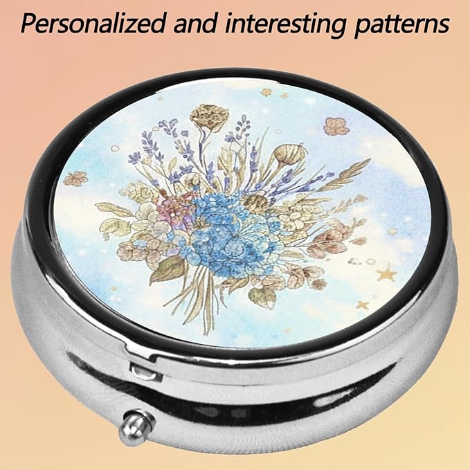 Round Pill Case Small Pill Box with Mirror Pocket 3 Compartment Vitamin Pill Medicine Case Organizer Pill Containers for Traveling Blue Dried Flowers