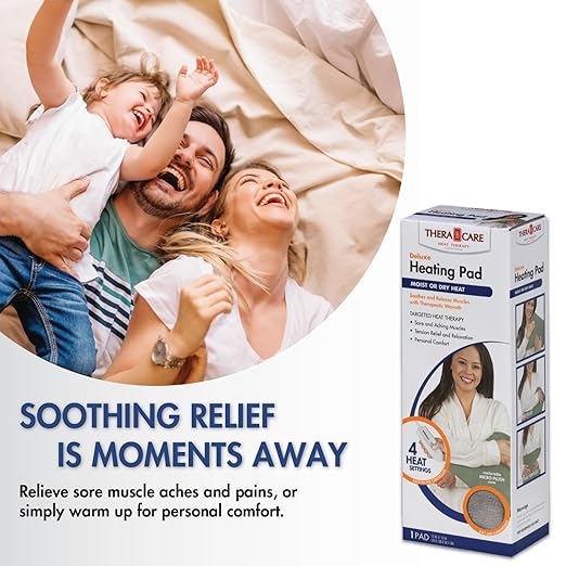 TheraCare Deluxe Heating Pad | Moist & Dry Heat | Four-Heat Settings | Sore Muscles | Soothing Warm Relief | Personal Size 12” x 15” | Safe, Automatic Shut Off