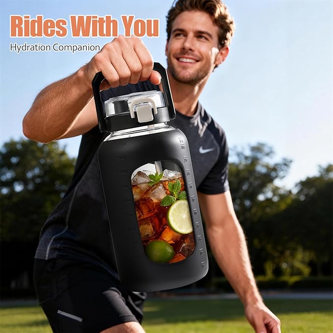 BLUEGO 84oz Glass Water Bottle with Straw and Handle, Large Water Bottle with Sip & Chug Lid, 2.5L Water Jug Silicone Sleeve with Time, Full Day Drinking Bottle for Sports BPA Free, Black