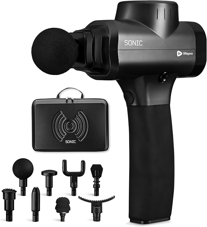 LifePro Sonic Massage Gun Deep Tissue – Quiet Handheld Percussion Massager for Athletes, Pain Relief & Recovery – 8 Heads, 5 Speeds, Long Battery
