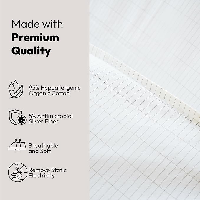 Grounding Fitted Sheets - King Size (76" x 80" x 13") Conductive Sheets Cover for Bed 95% Organic Cotton + 5% Silver Fiber-XL Bedsheets - with Cord for Earthing Connected (White, King)