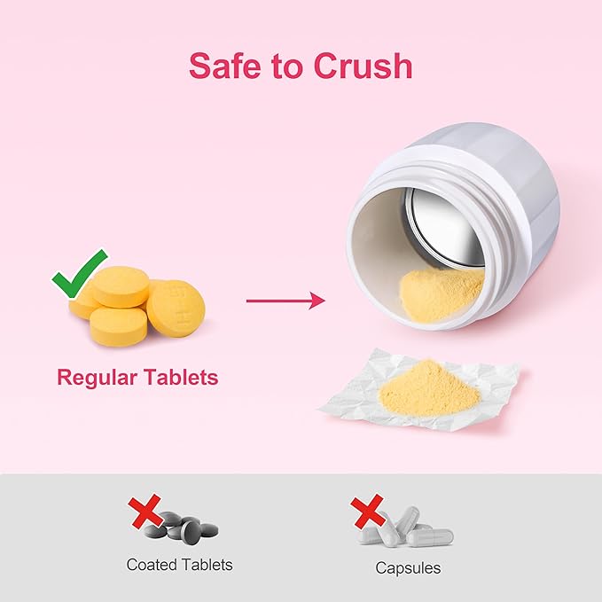 Fullicon Pill Crusher Fine Powder, Stainless Steel Grinder Head, 2-in-1 Medicine Crush with Storage, Small Pill Grinder for Pets, Elderly & Kids (Pink White)