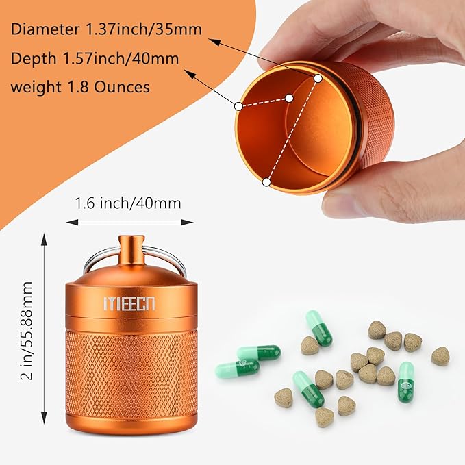 Keychain Pill Holder, Box, Aluminum, Waterproof Container, Pill Organizer for Outdoor Travel Camping, Size: 1.6 x 1.6 x 2 in (Orange)