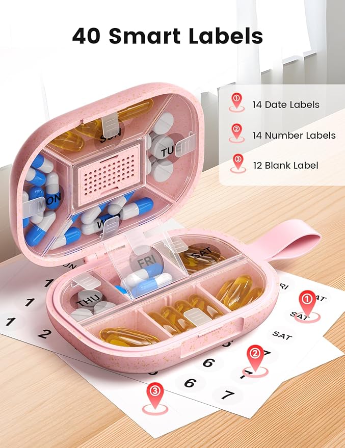 Travel Pill Organizer, Adjustable 8-10 Compartments Portable Pill Box, 7 Day Weekly Label Small Pill Case, Daily Medicine Container Kit Moisture Proof Vitamin Supplement for Pocket Purse-Pink