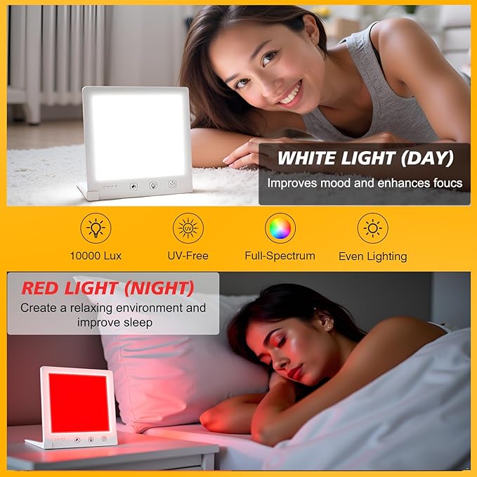 Sun Light Therapy Lamp with Red Light - 10000 Lux LED Sun Light Therapy Lamp for Face, Improving Mood, Energy, Sleep & Skin Care, with 4 Light Modes & 5 Brightness Levels, Timer, UV-Free