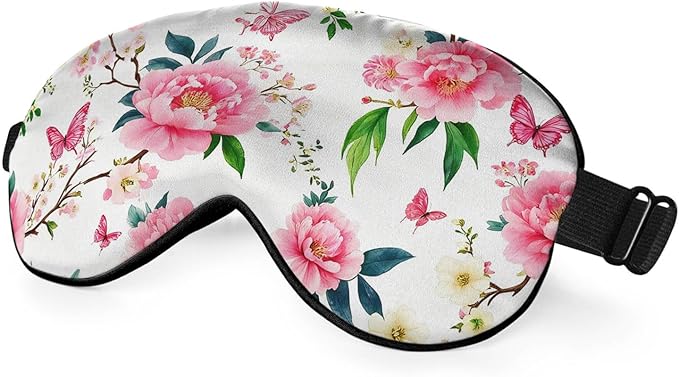 Pink Cherry Eye Mask Sleeping Mask Flower Peony Plum Branches Flying Butterflies Sleep Masks Silky Soft Eye Cover for Women Men Shading Blindfold for Air Travel Sleeping