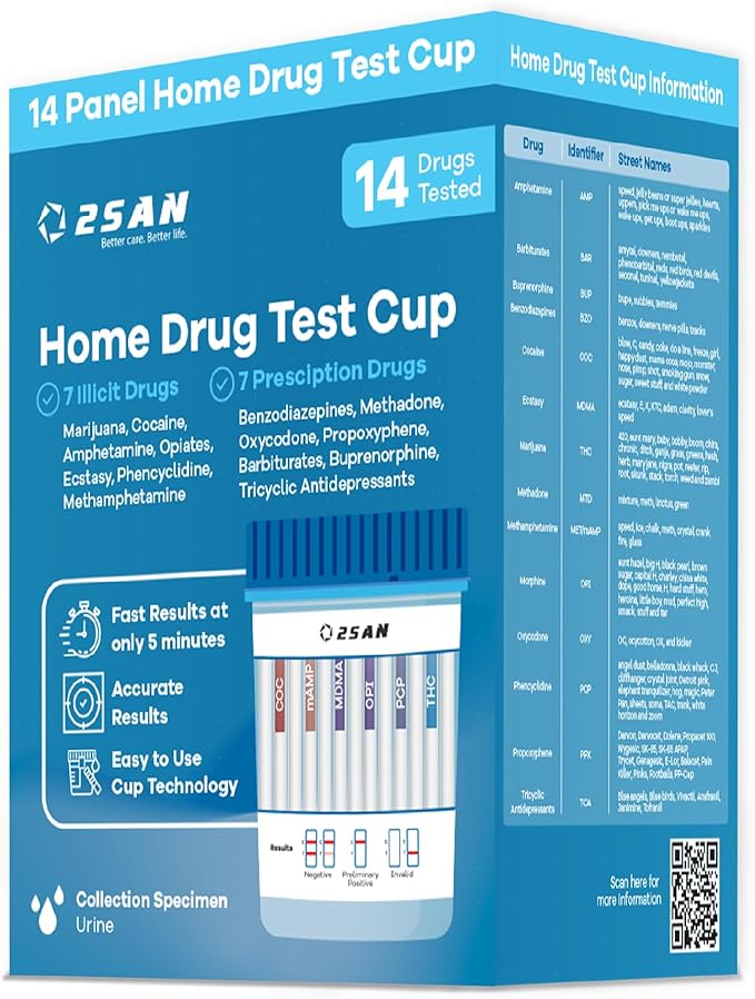 2San 14-Panel Drug Test Cup – Fast 5-Min Results – Screens for THC Cocaine Meth Opiates PCP MDMA Oxy & More – Accurate at-Home Urine Test Kit