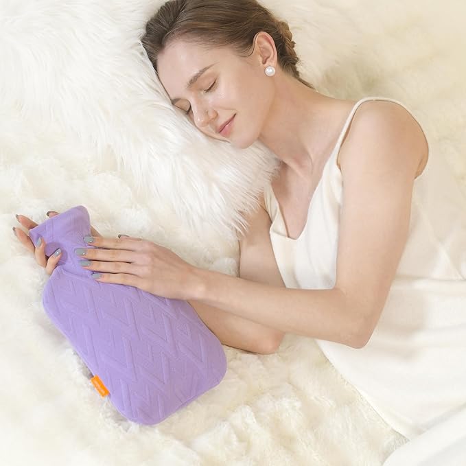 samply Hot Water Bottle with Cover, 2L Hot Water Bag for Hot and Cold Compress, Hand Feet Warmer, Neck and Shoulder Pain Relief, Light Purple