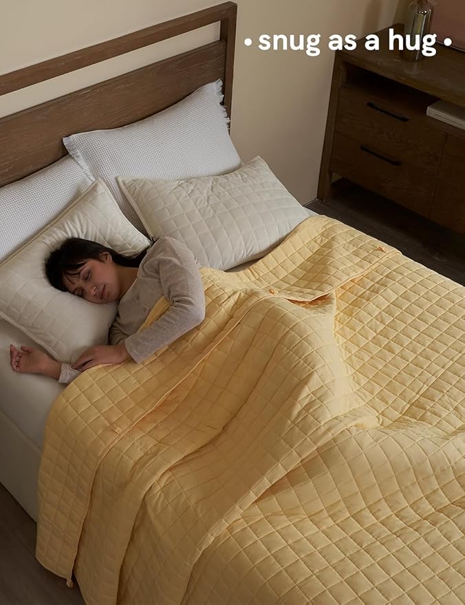 YnM 12lbs Weighted Blanket for Adults, Heavy Bed Throw Blanket with Cooling Glass Beads for All Season Use, Ideal for ~110lbs (48x72 Inches, Twin/Full, Pastel Yellow)