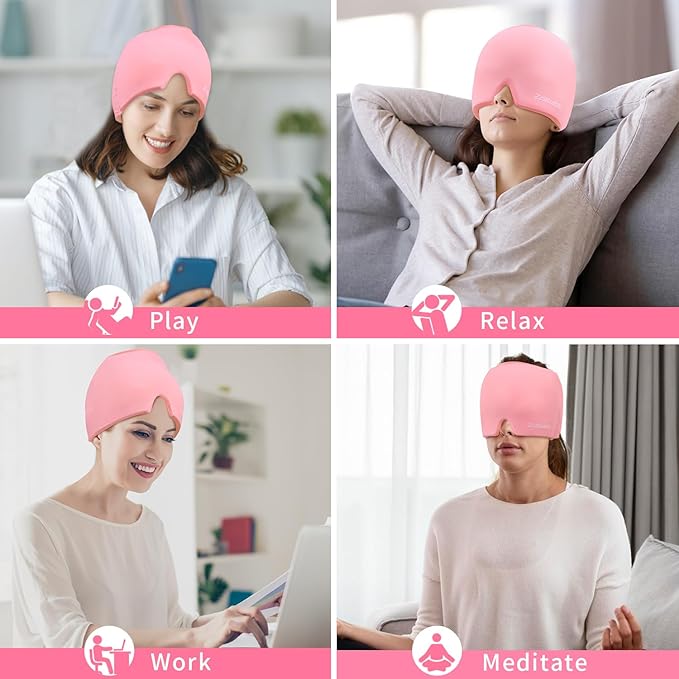 ZNÖCUETÖD Migraine Headache Relief Cap Hat Full Head ice Pack Wrap Cooling Gel Ice Beanie Cold Cap Hot/Cold Compress Therapy for Sinus, Stress, Tension, Head Pain Relief, Gift for Women