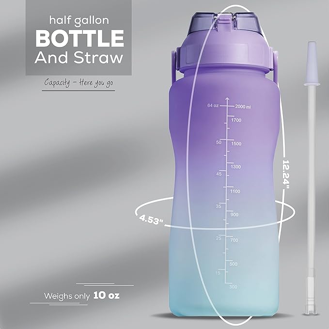 Motivational Water Bottle with Time Marker,Half Gallon Water bottle with Straw 64 oz/2.2L Gym Water Bottle, Achieve All-Day Hydration SpillProof, BPA FREE